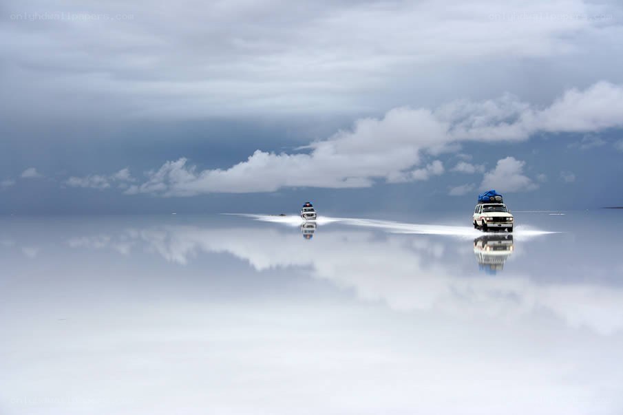Cars on a salt flat