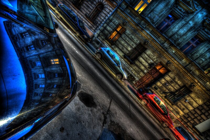 Cars on City Street — Blue, Dramatic, Night