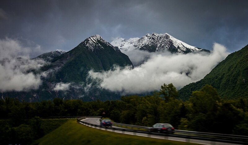 Cars on Mountain Road — Green, Dramatic