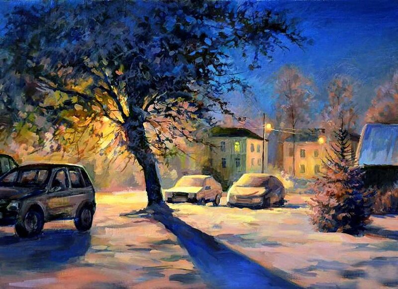 Cars on Snowy Street — Blue