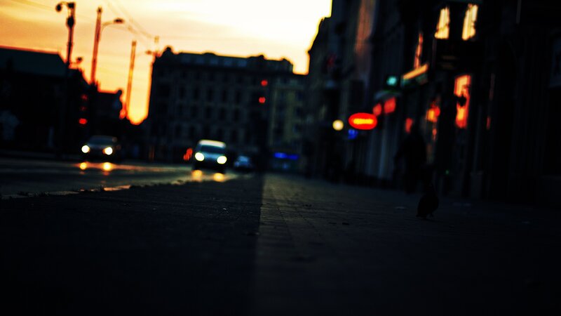 Cars on Street at Dusk — Orange, Dramatic