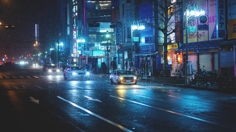 Cars on Wet Street — Blue