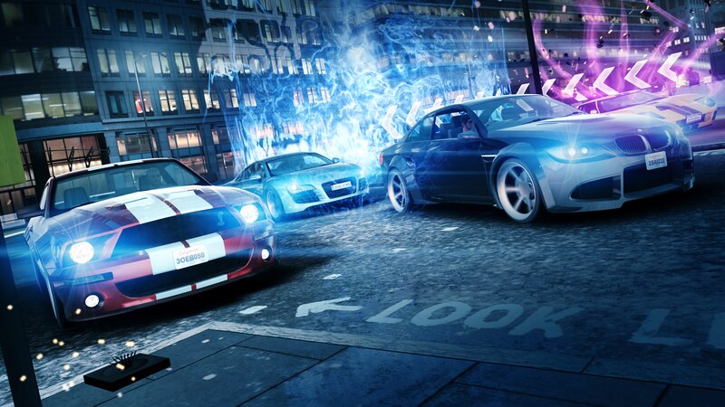 Cars Racing at Night — Blue, Dramatic, 3d Render