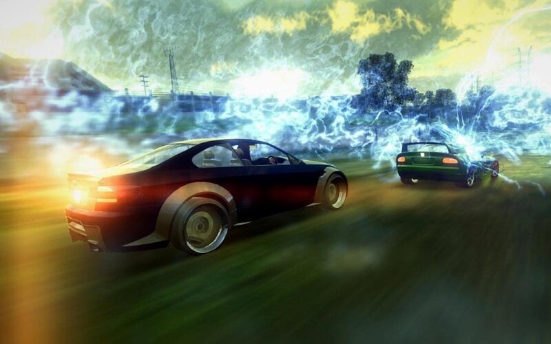 cars racing in stormy weather