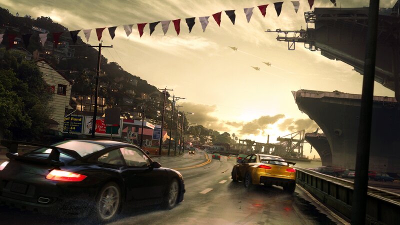 Cars racing near aircraft carrier