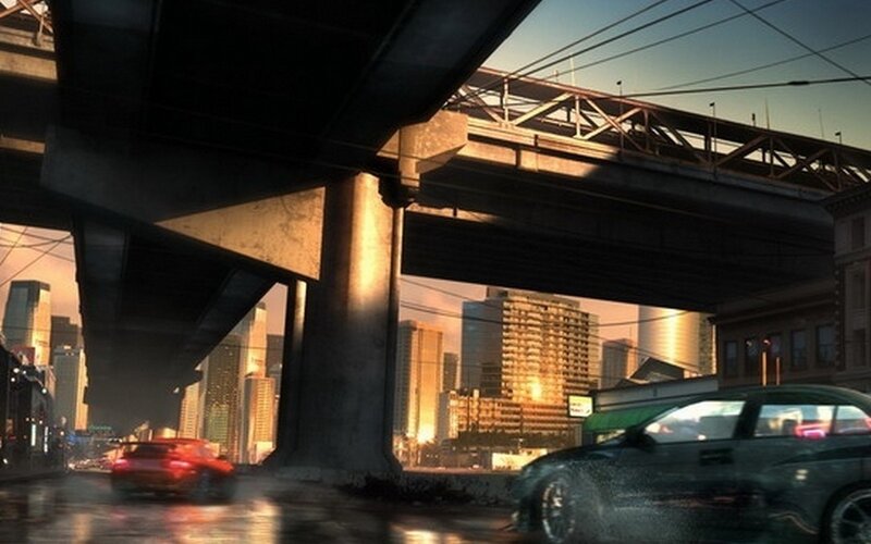 Cars under Highway Overpass