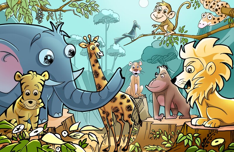 Cartoon Animals in Jungle — Blue, Playful