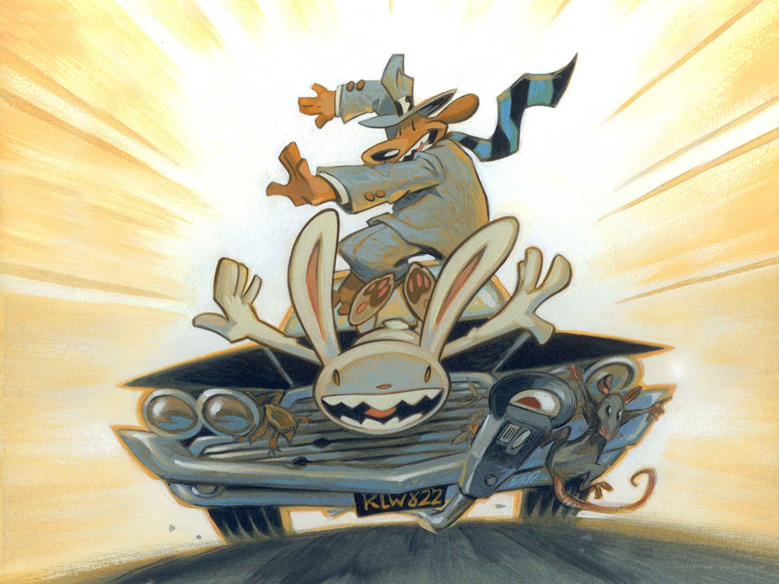 cartoon animals on a speeding car