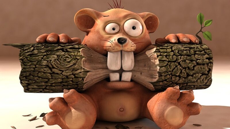 Cartoon Beaver Holding Log — Brown, Playful, 3d Render, Plant Sprout