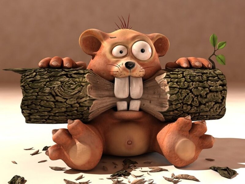 Cartoon Beaver Holding Log — Brown, Playful
