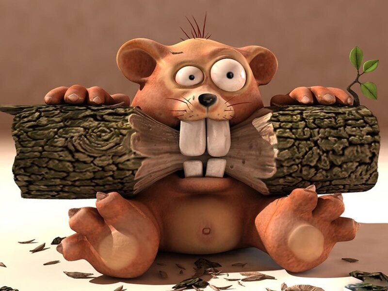 Cartoon Beaver Holding Log — Brown