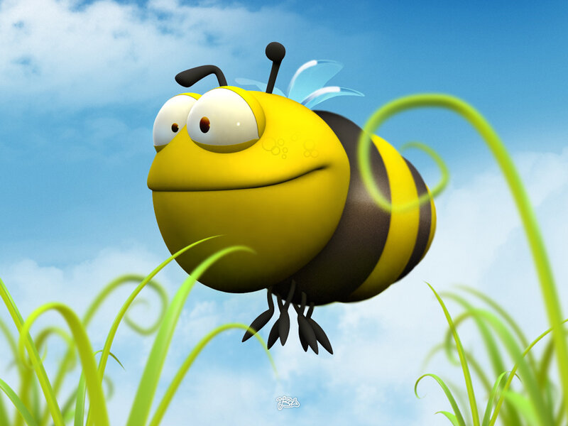 Cartoon Bee Flying — Yellow, Playful, Afternoon, 3d Render, Grass, Sky