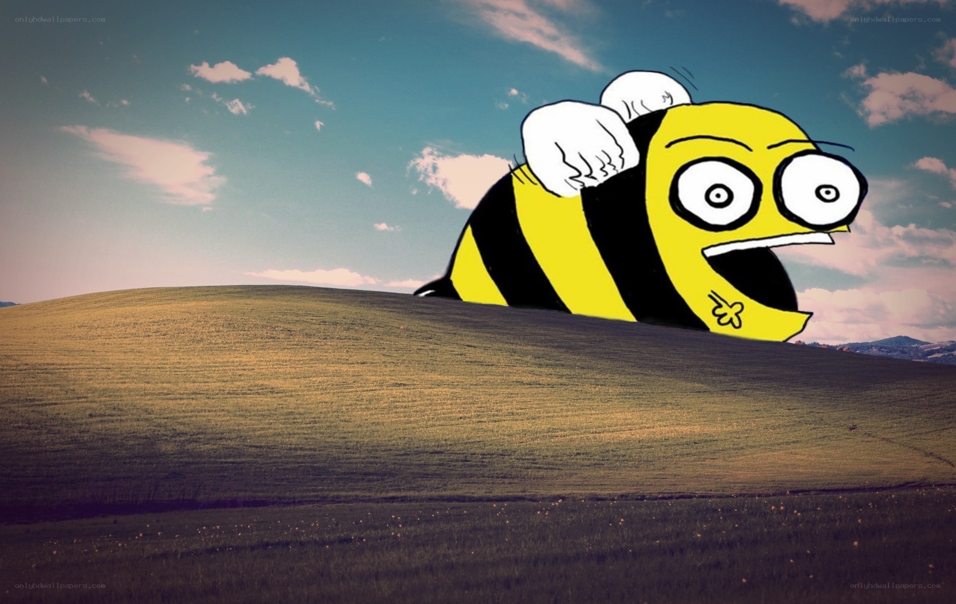Cartoon bee on a hill