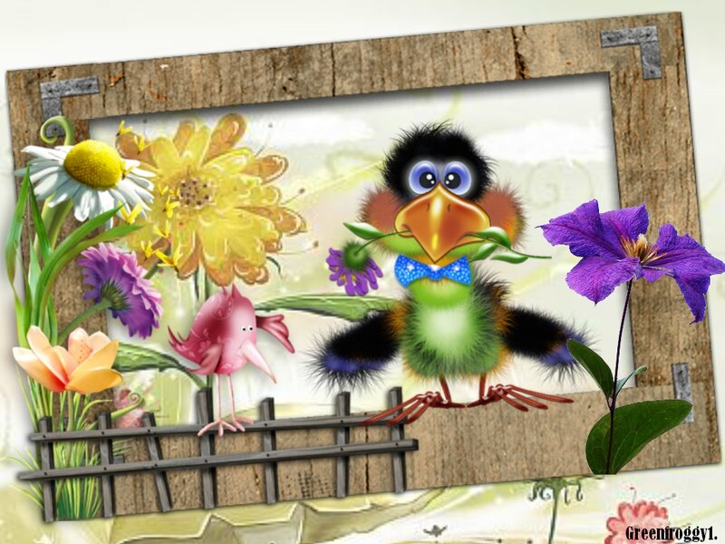 Cartoon Bird with Flowers — Green
