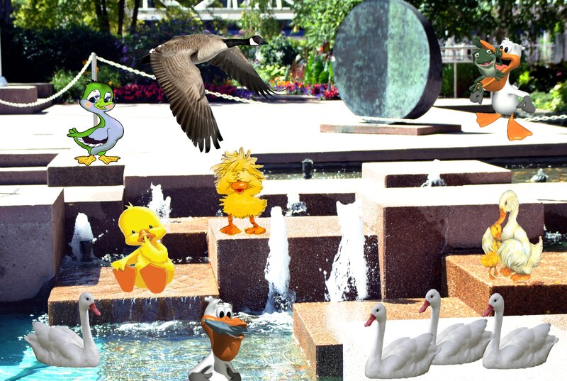 Cartoon Birds in Fountain