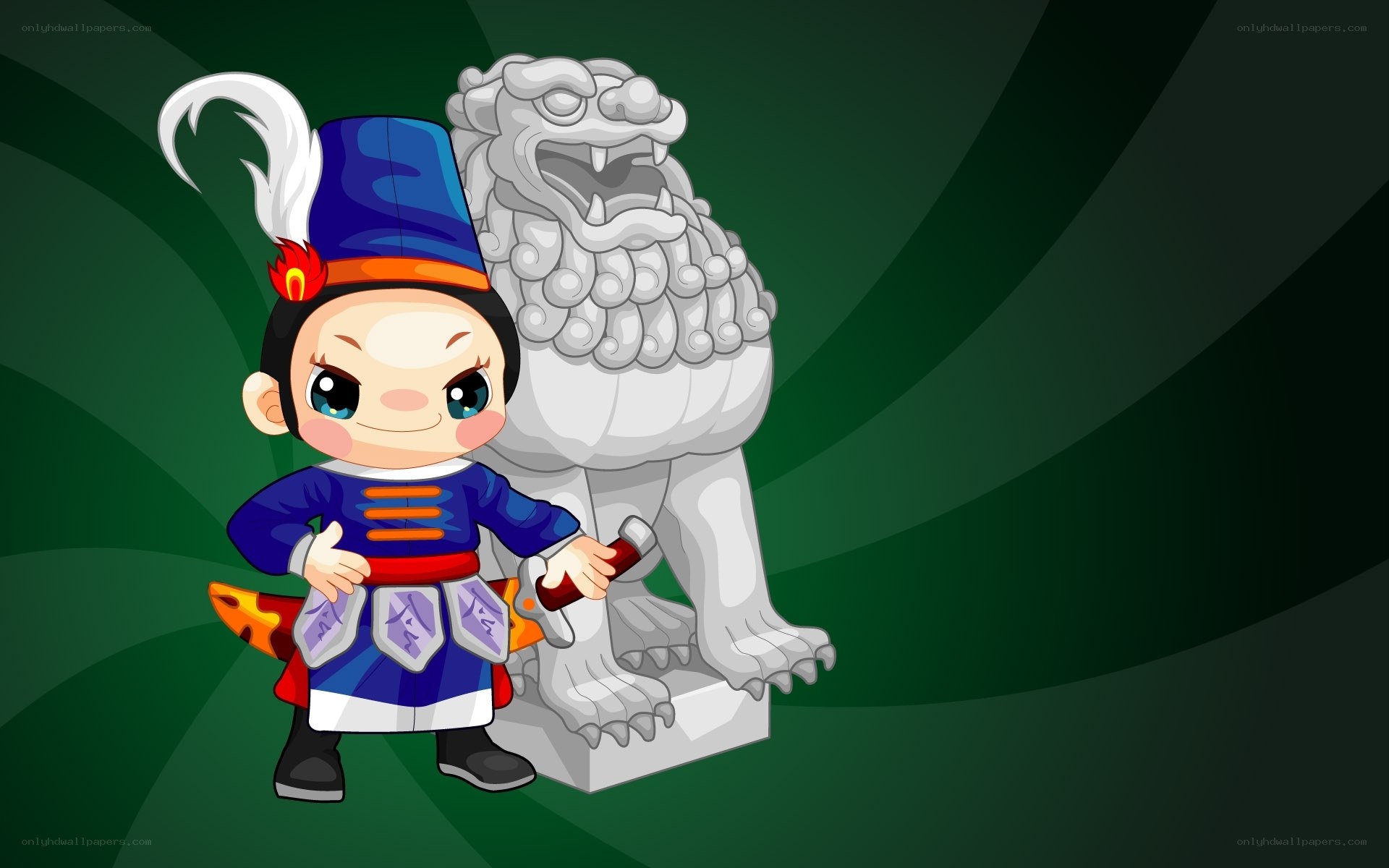 cartoon boy with lion statue