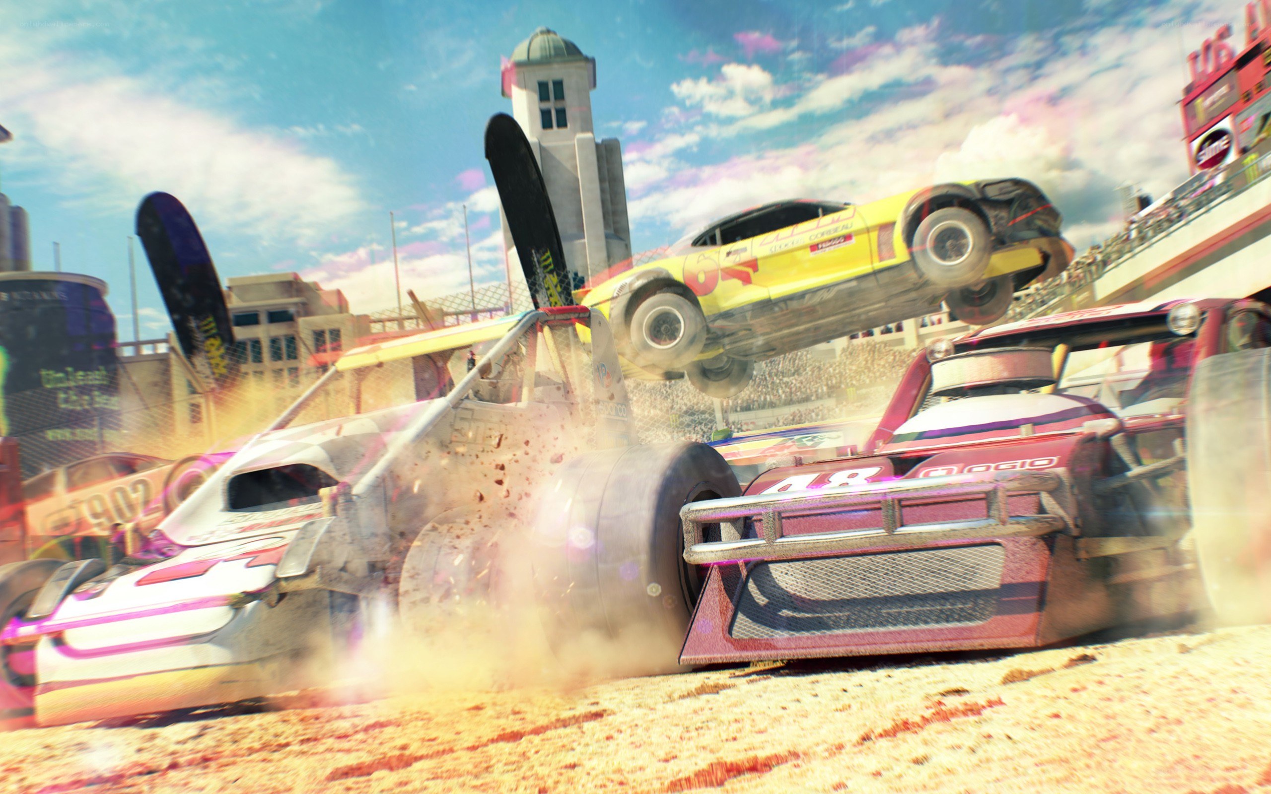 Cartoon car crash at racetrack