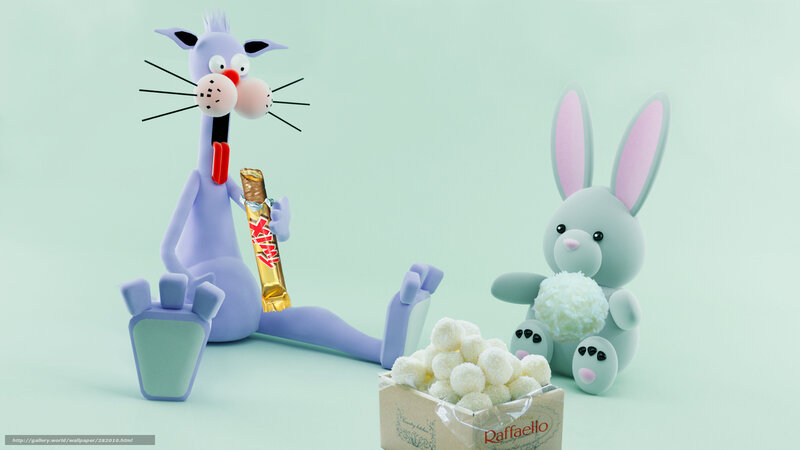 Cartoon cat and bunny with candy