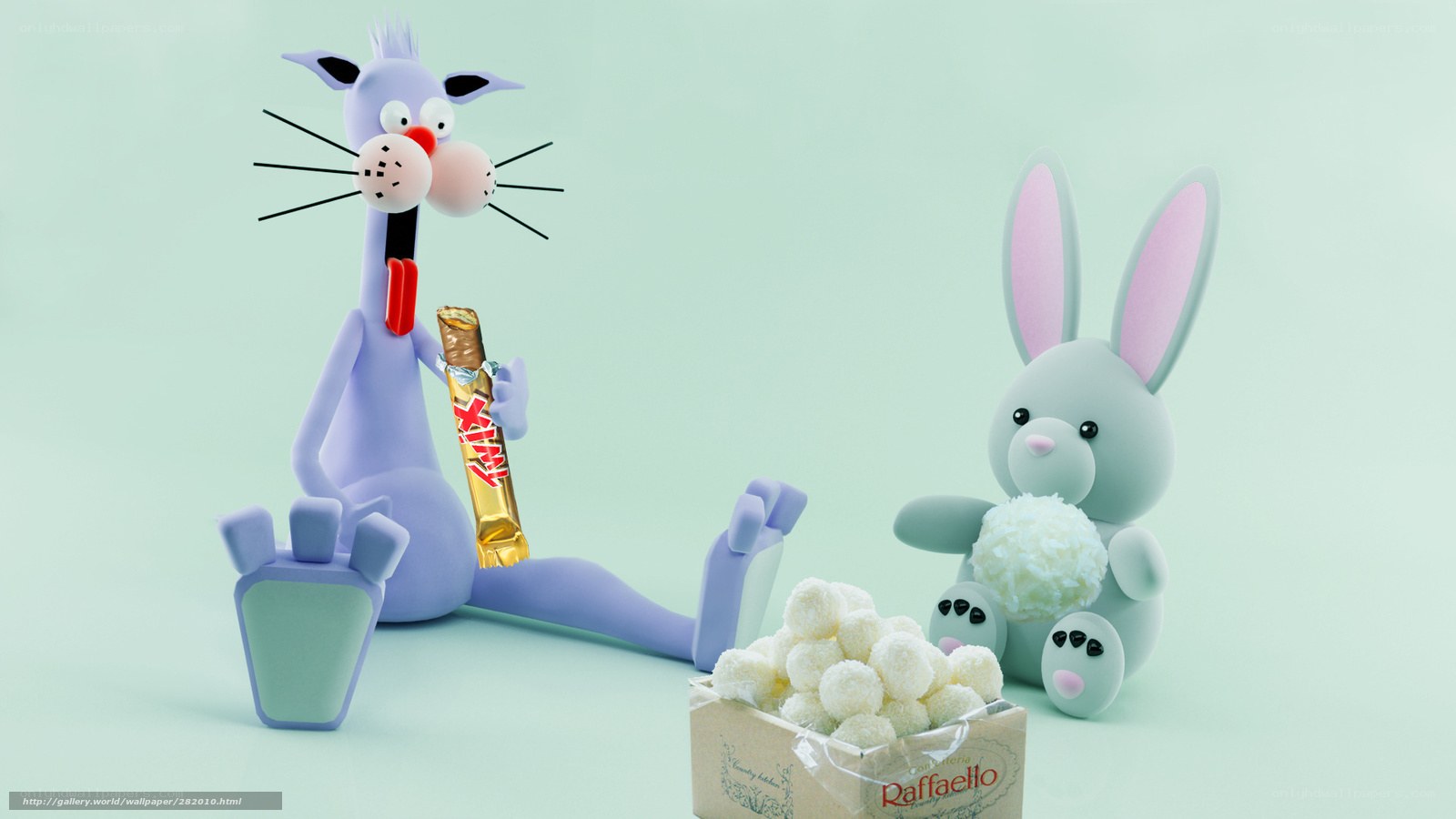 Cartoon cat and bunny with candy