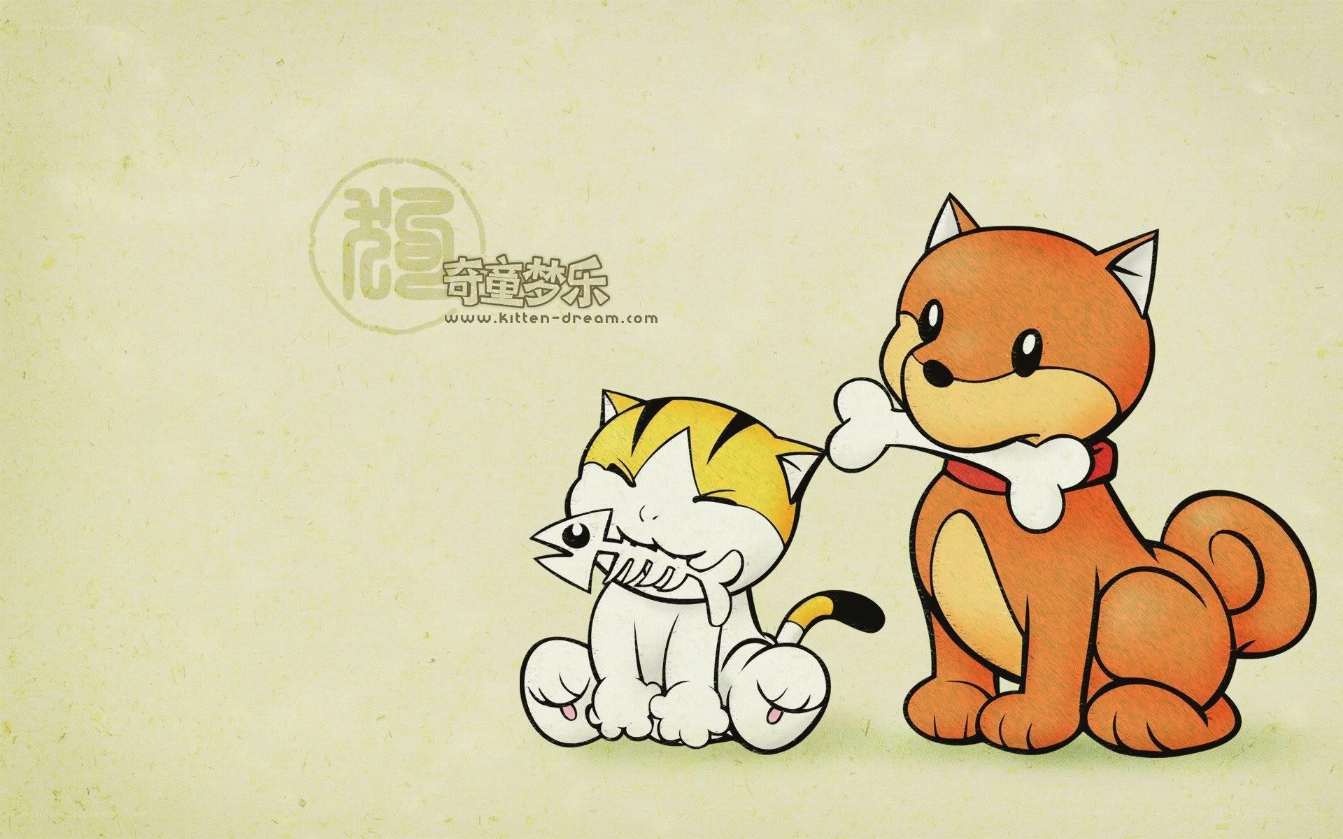 Cartoon cat and dog with bones