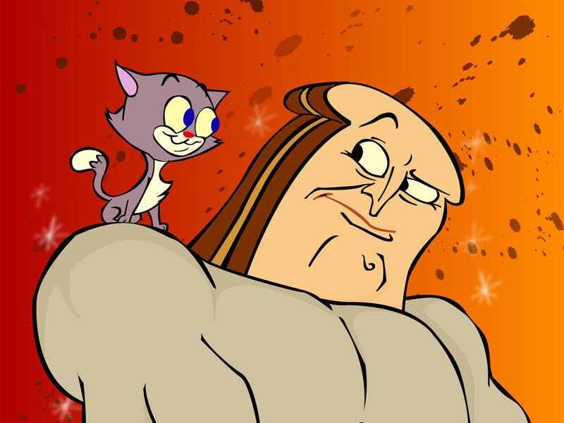 Cartoon cat on man's shoulder