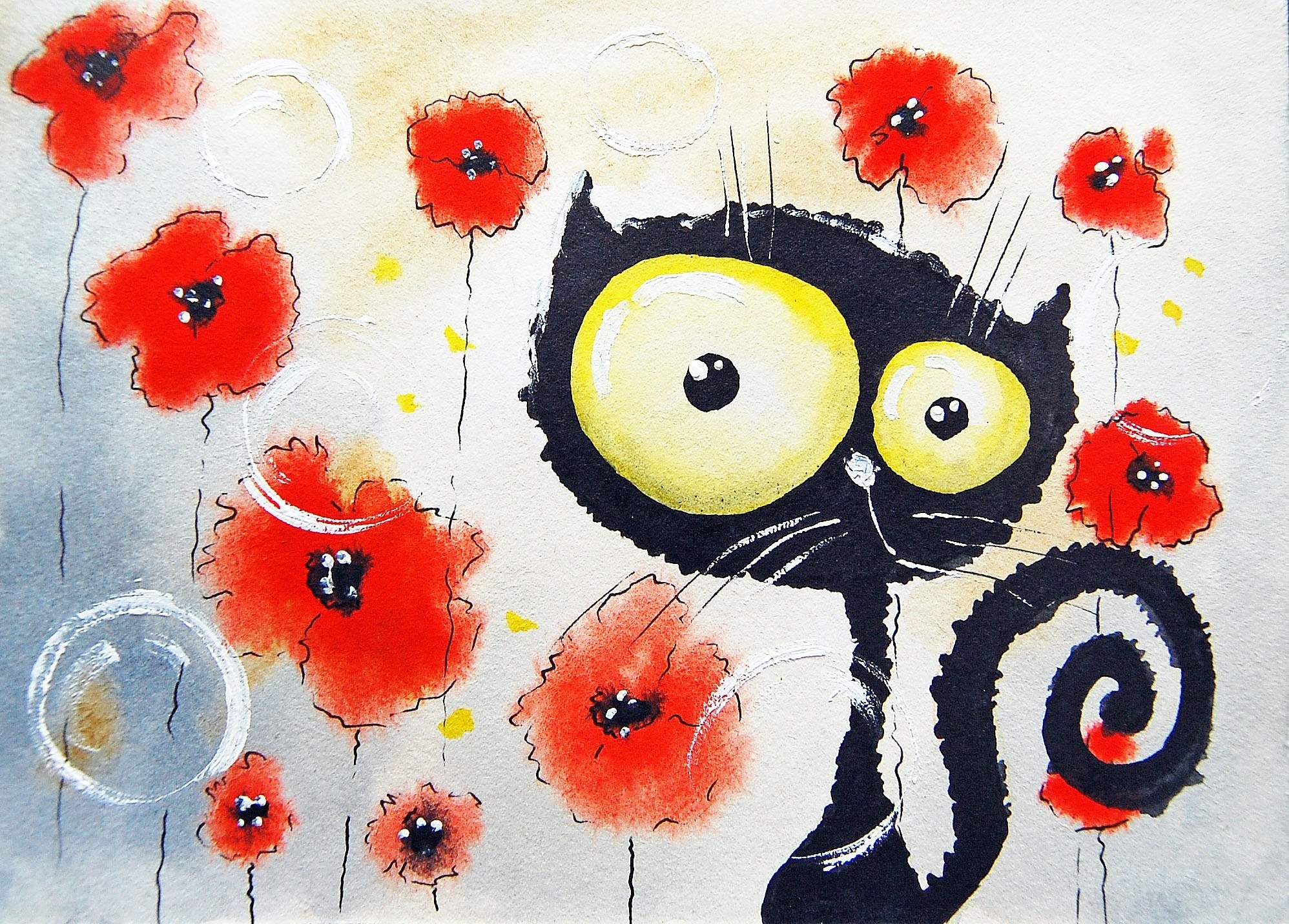 cartoon cat with poppies