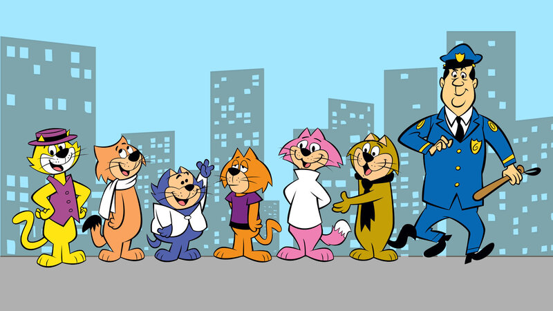 Cartoon Cats and a Police Officer — Blue, Cheerful