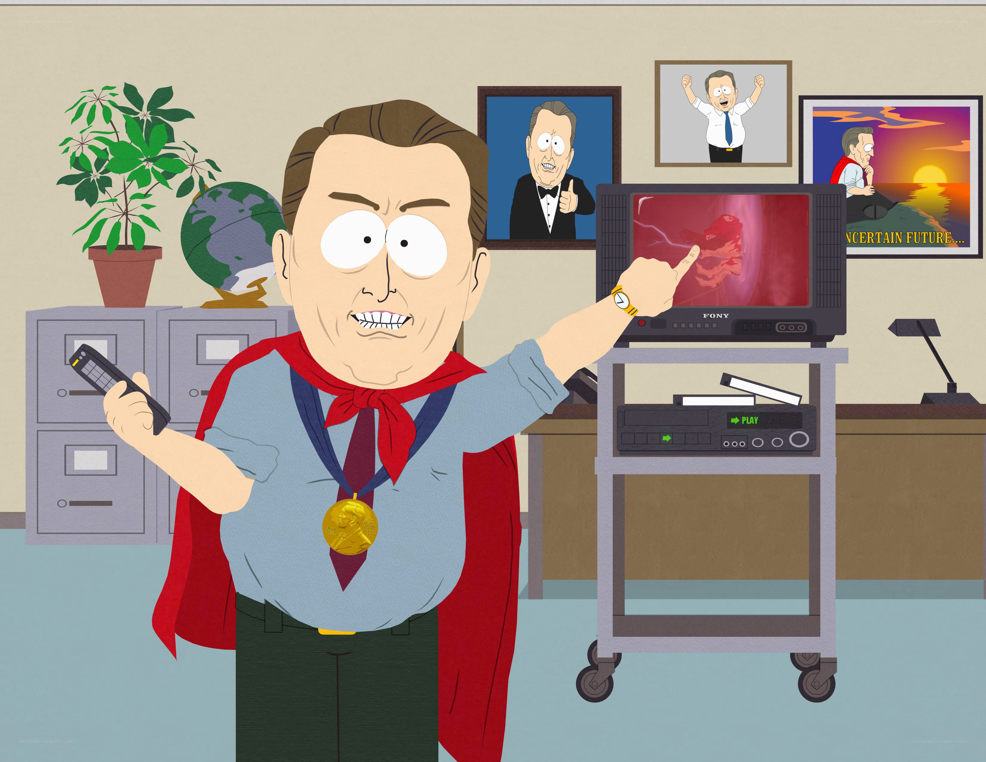 Cartoon character in superhero costume