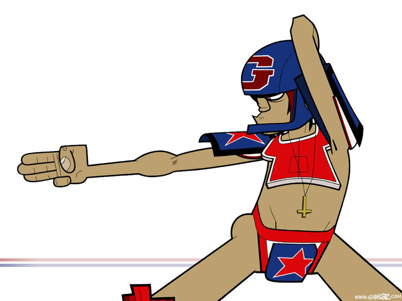 cartoon character in wrestling gear
