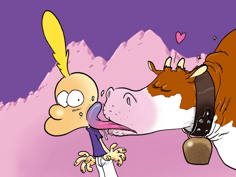 cartoon character licked by cow