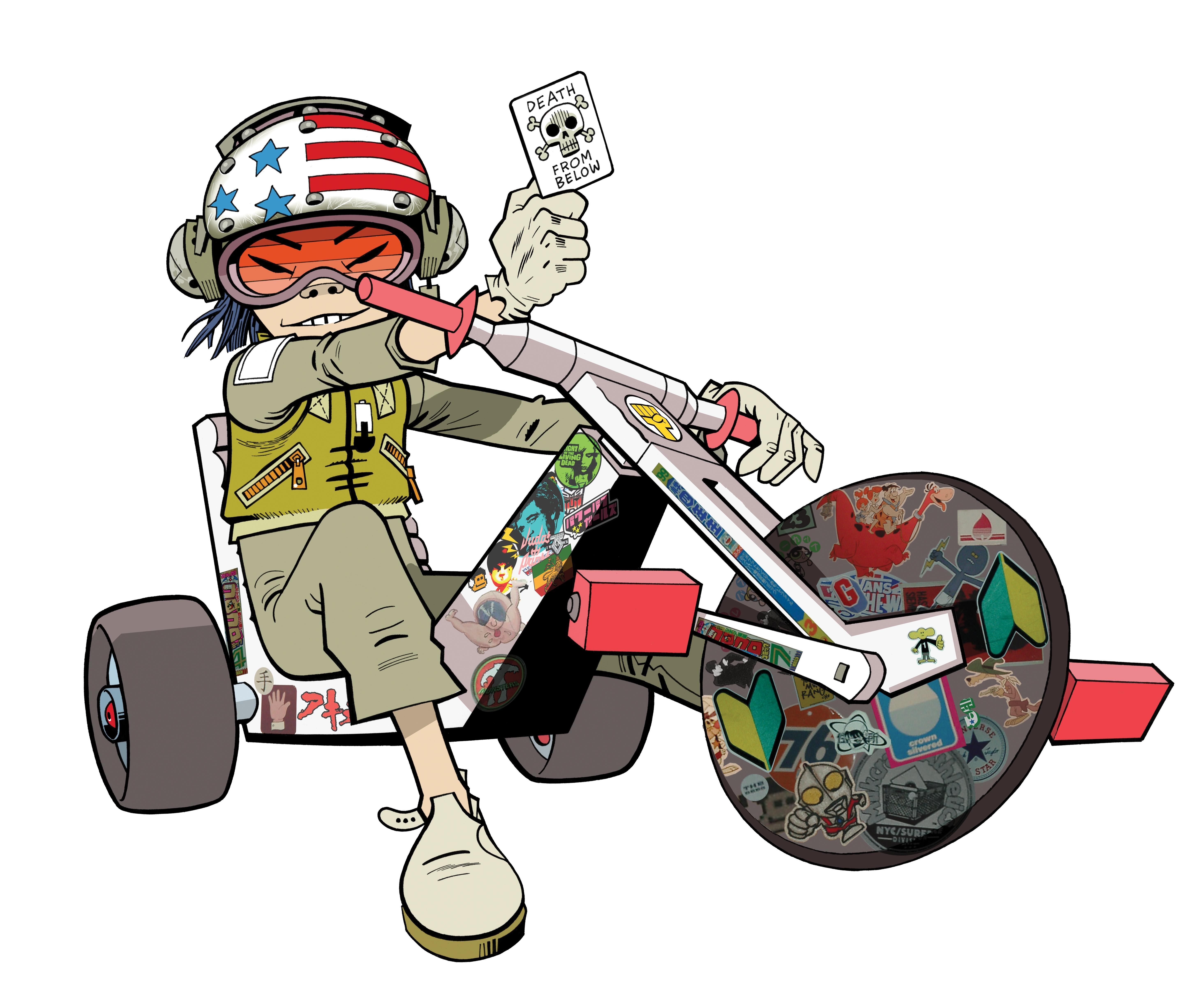 cartoon character on a scooter