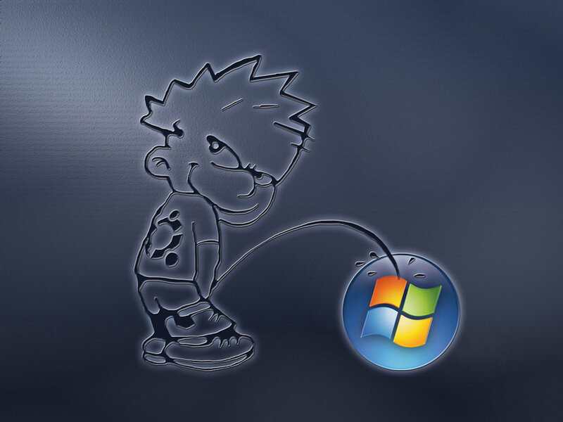 Cartoon character urinating on Windows logo