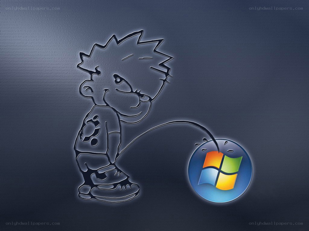 Cartoon character urinating on Windows logo