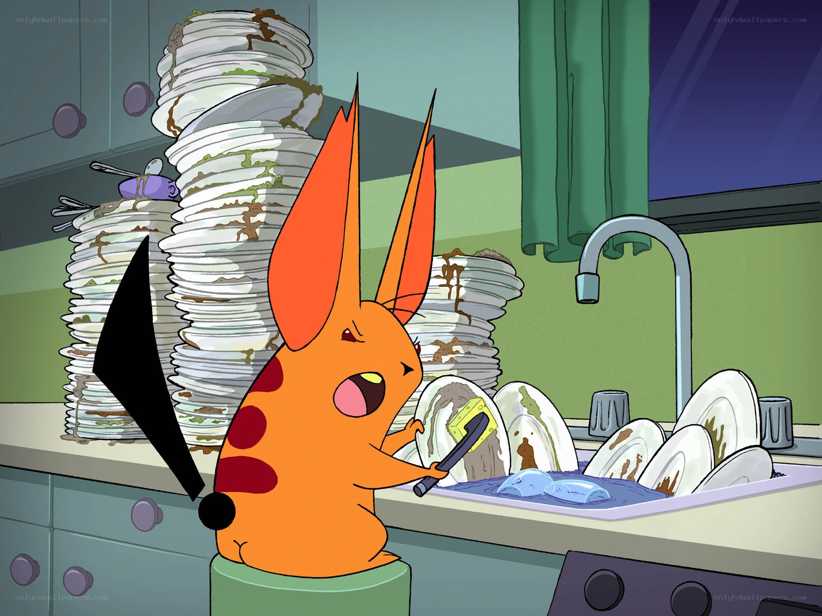 cartoon character washing dishes