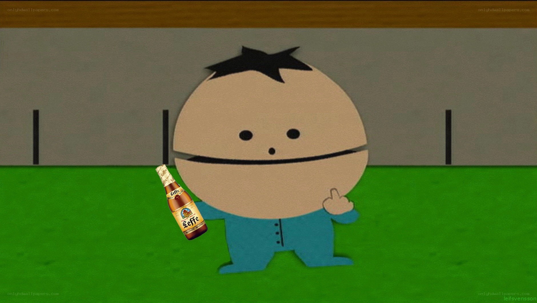 Cartoon character with beer bottle