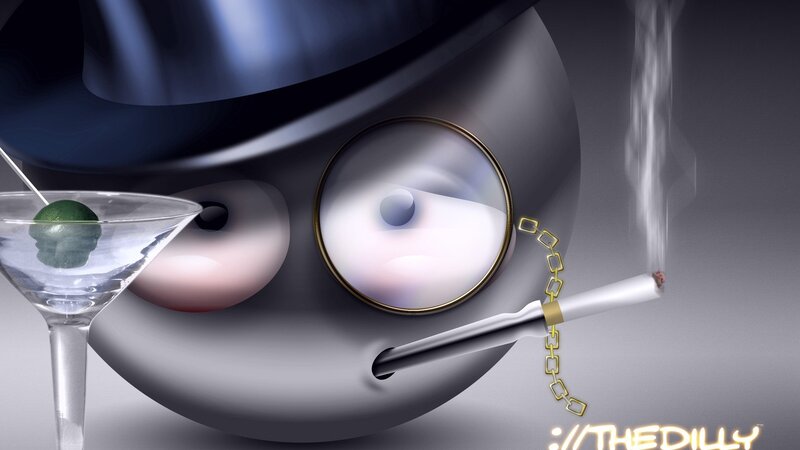 cartoon character with drink and cigarette