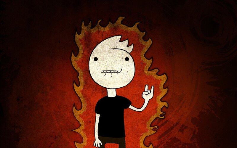 cartoon character with fire background