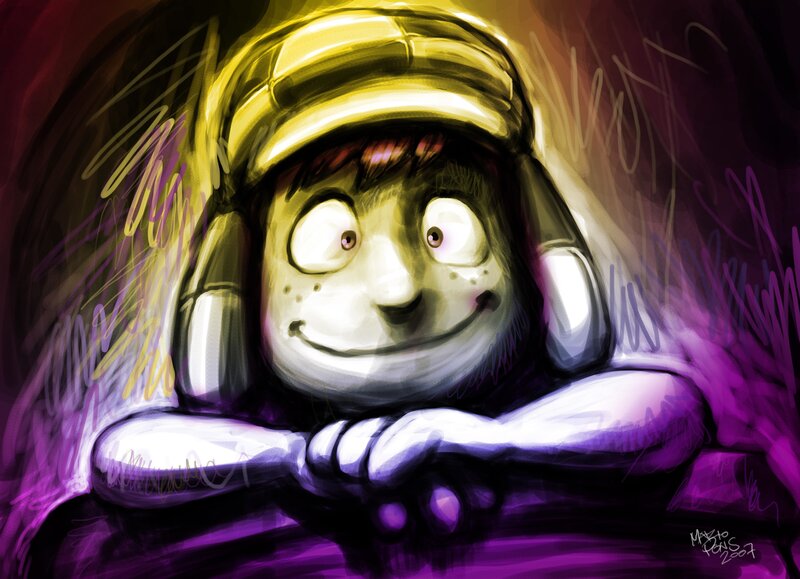 cartoon character with headphones