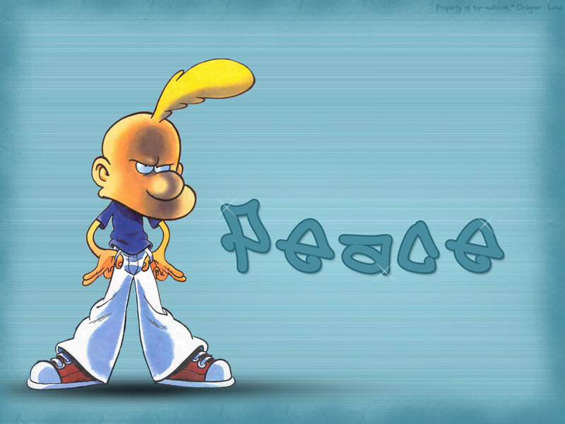 Cartoon character with peace text