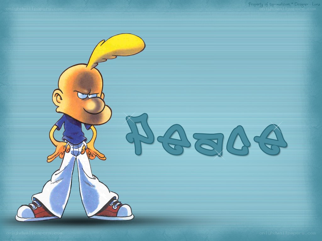 Cartoon character with peace text