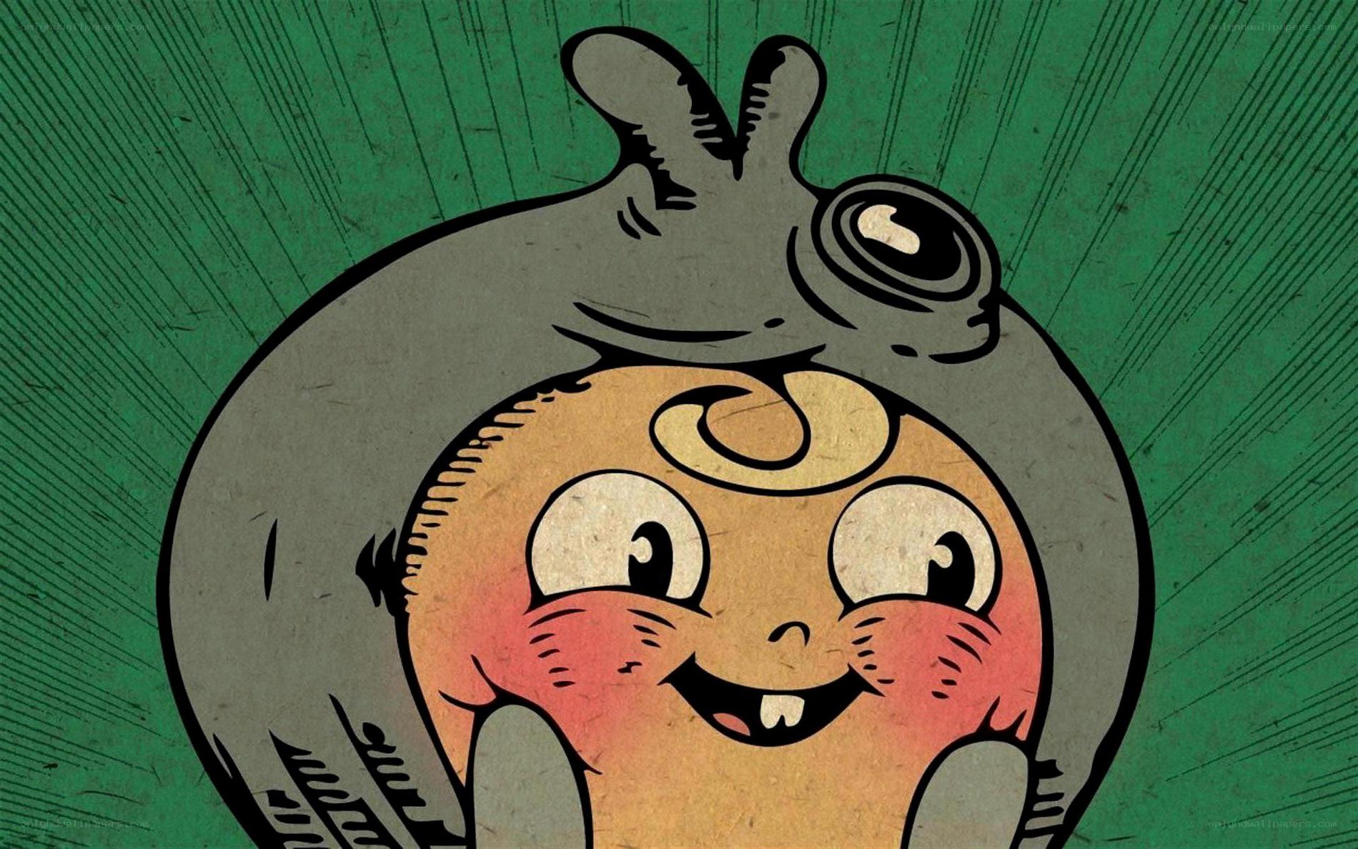 cartoon character with slug on head