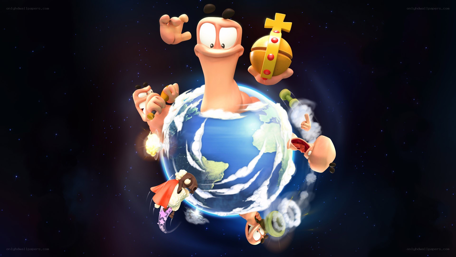 Cartoon characters around Earth