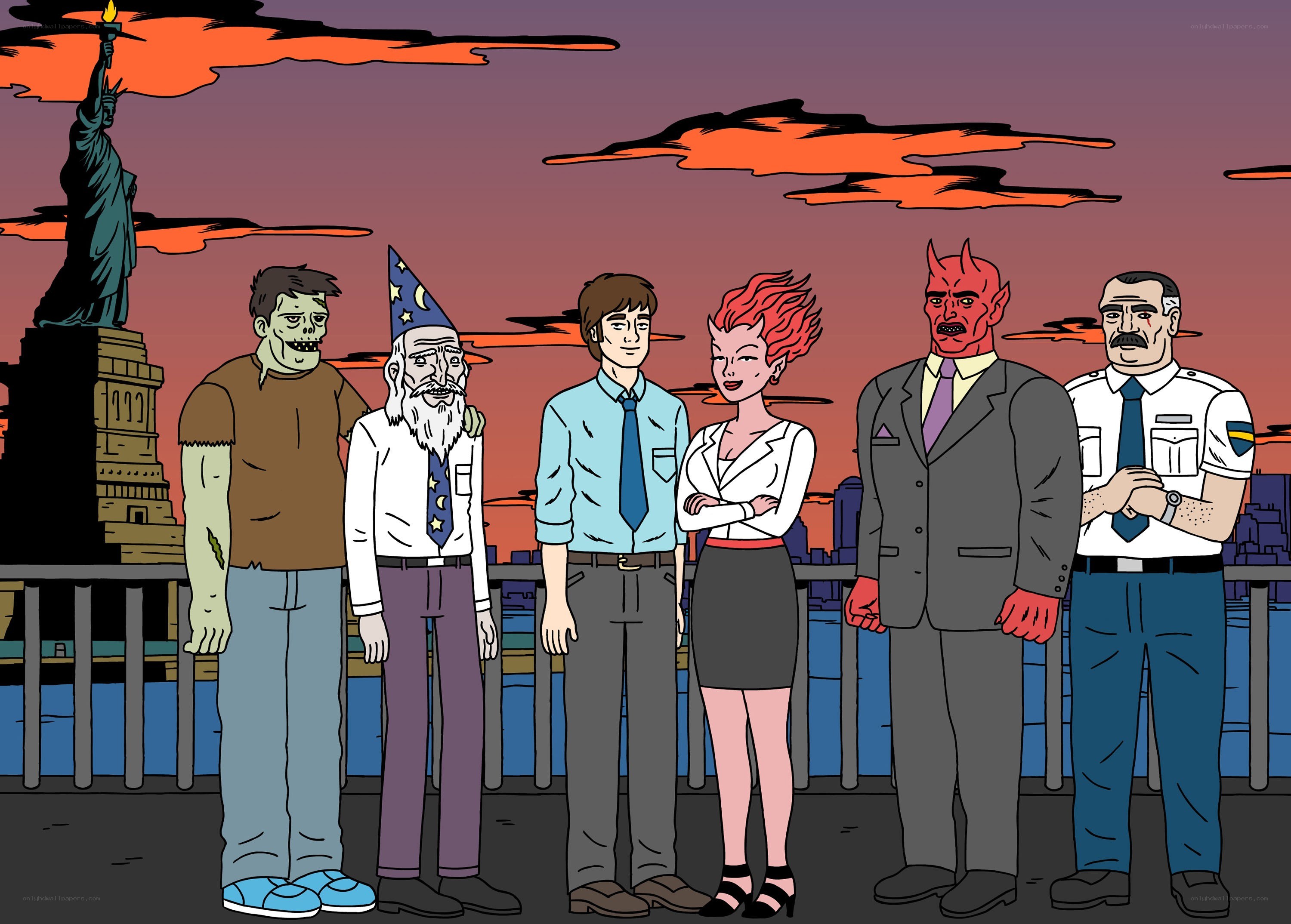 cartoon characters at sunset