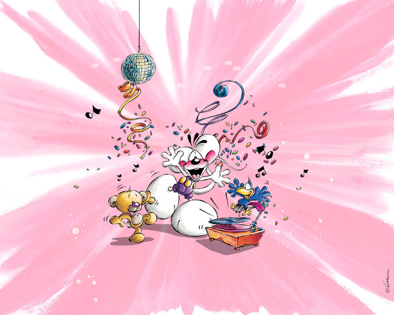 Cartoon characters dancing at a party