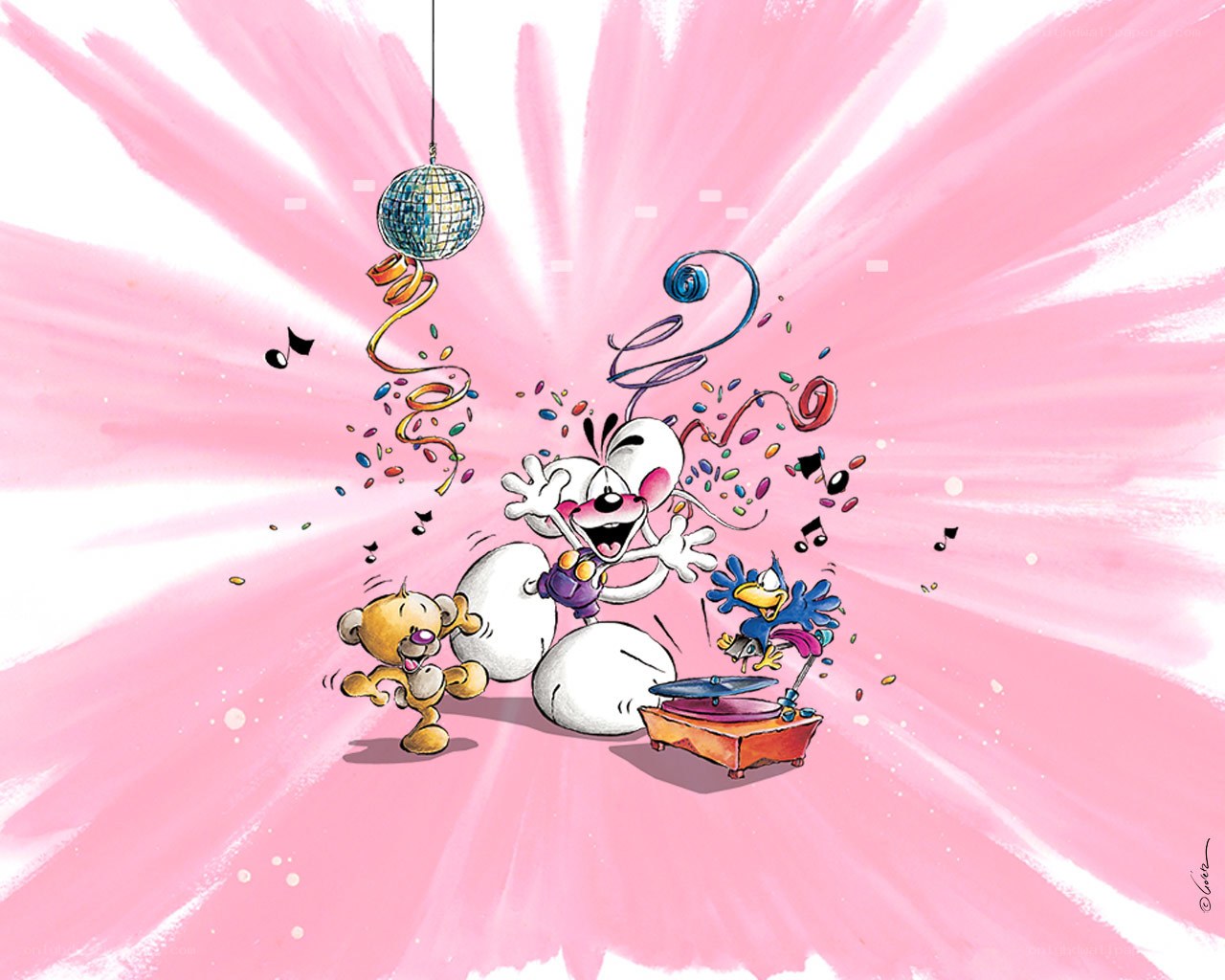 Cartoon characters dancing at a party