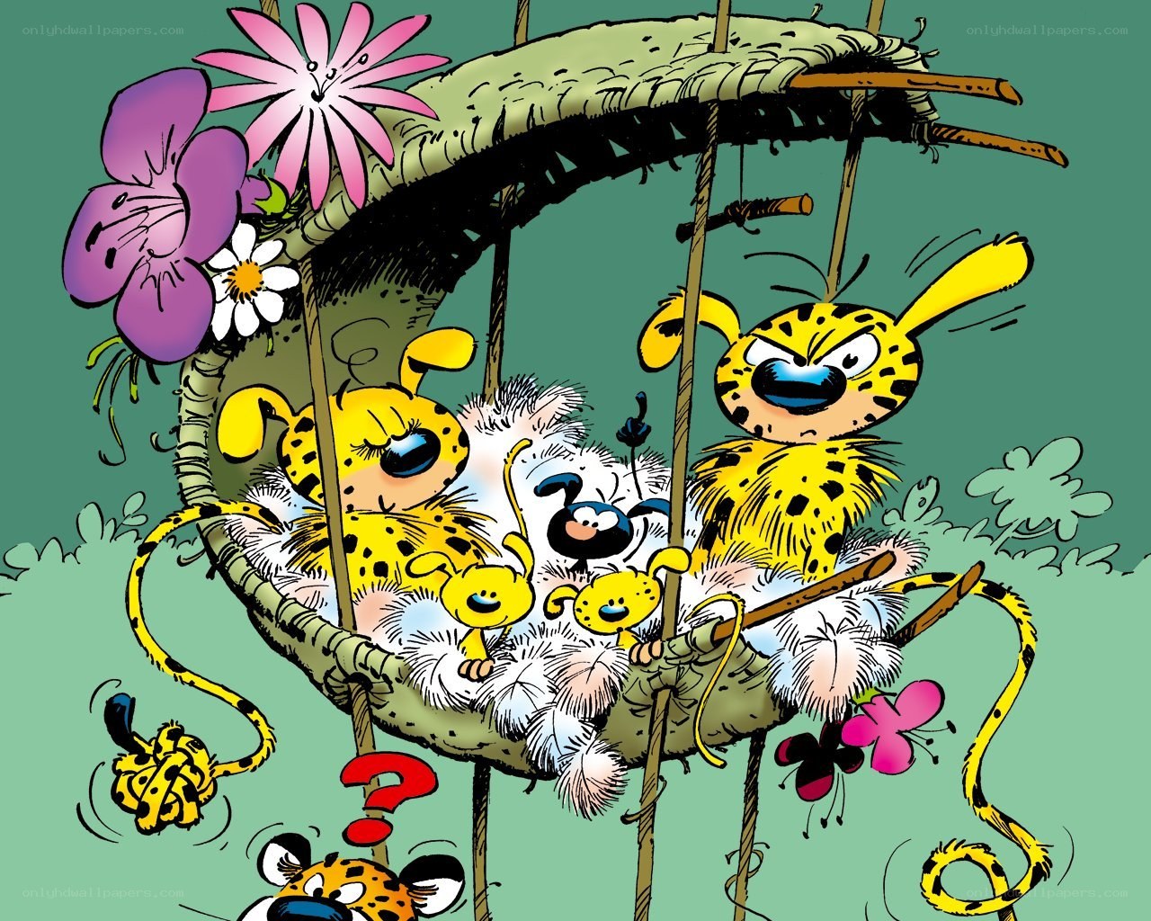 Cartoon characters in a basket