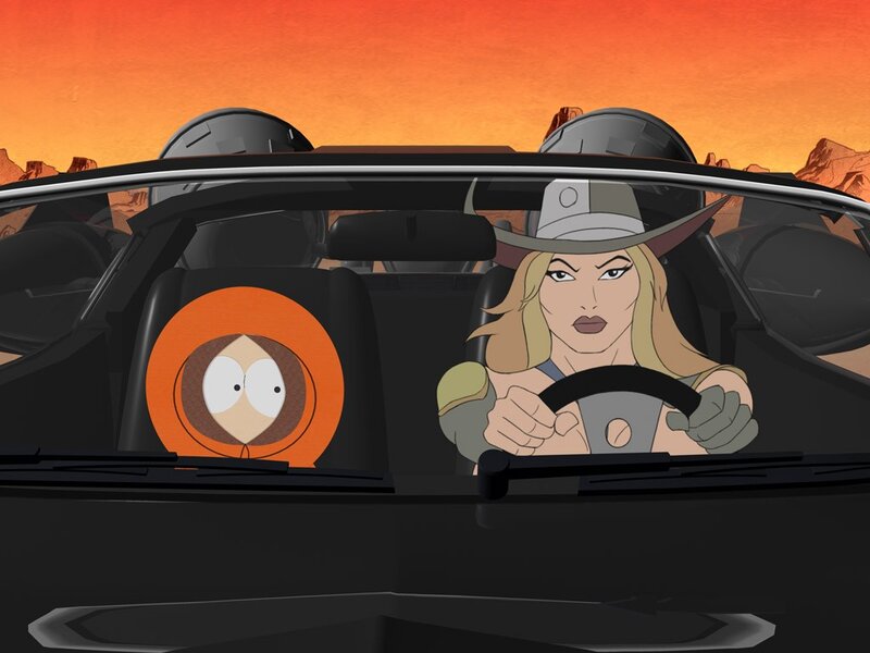 Cartoon characters in a car