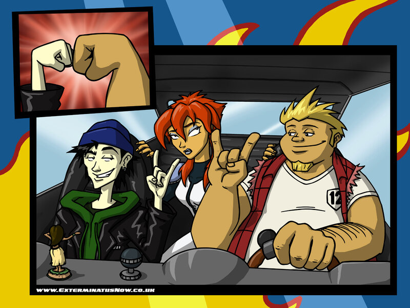 Cartoon characters in a car