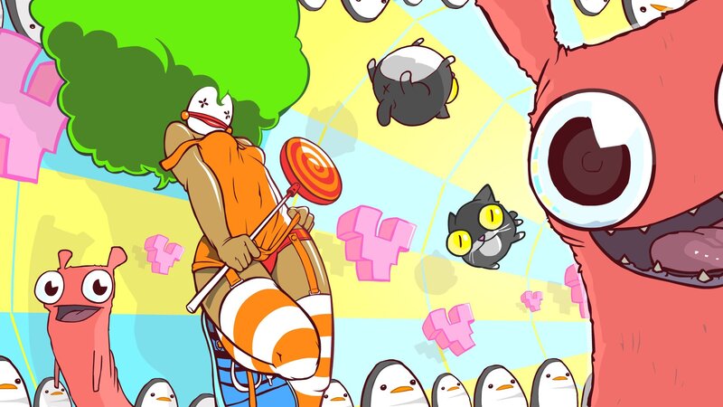 Cartoon characters in a colorful scene