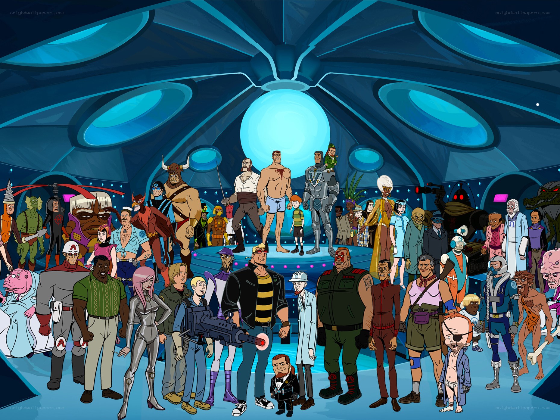 Cartoon characters in a futuristic hall